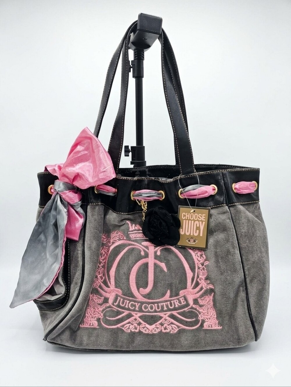 Vintage Juicy Couture Gray Velour Pink Embroidered Daydreamer Tote Bag Y2K NWT